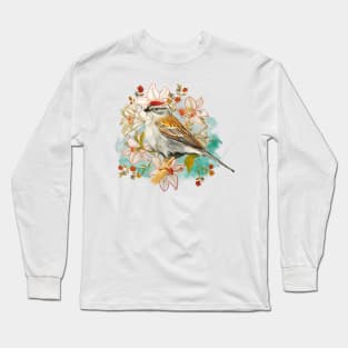 Chipping Sparrow And Flowers Long Sleeve T-Shirt